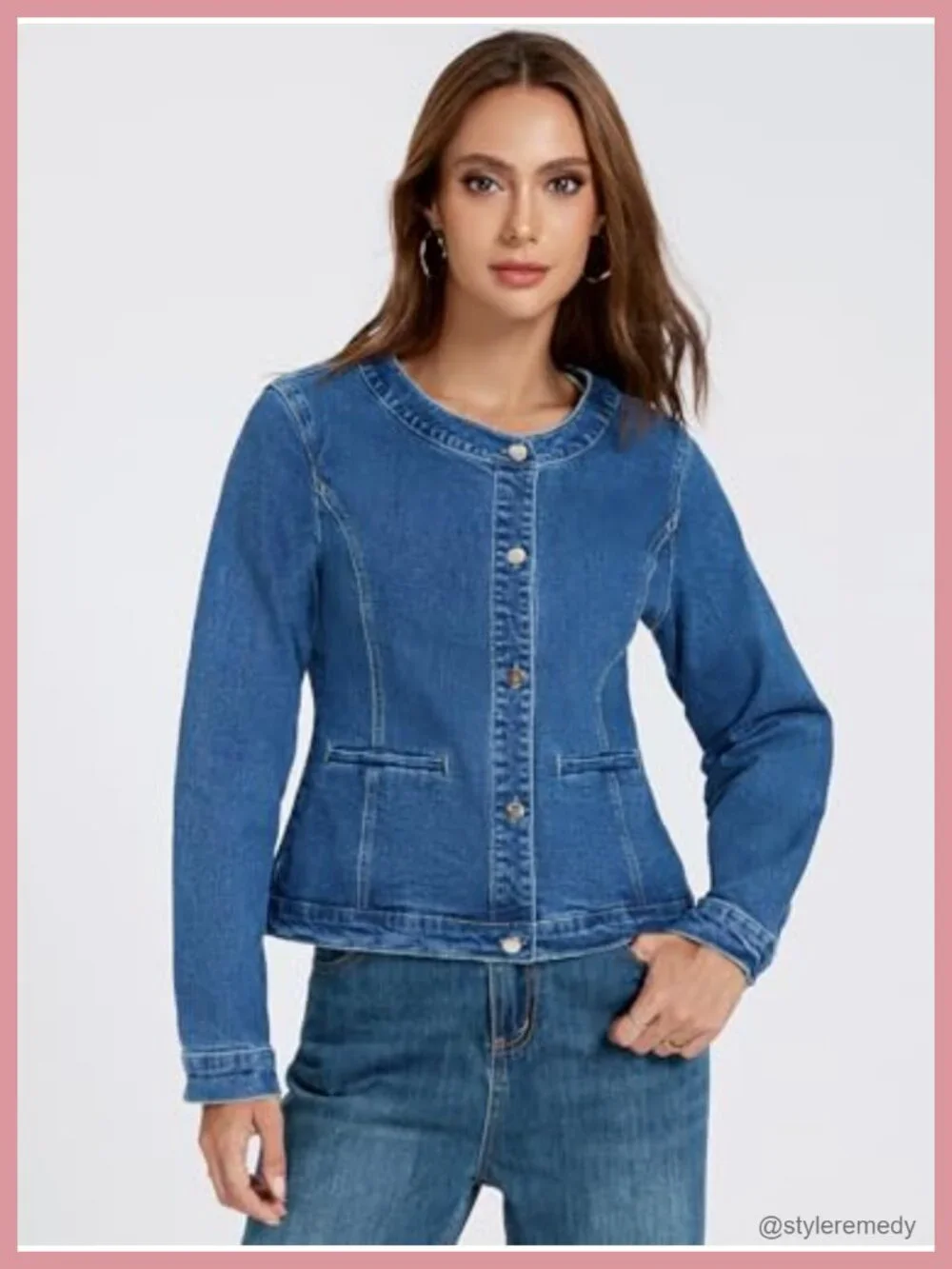 Lightweight Stretch Slim Fit Collarless Cropped Denim Jean Jacket Womens